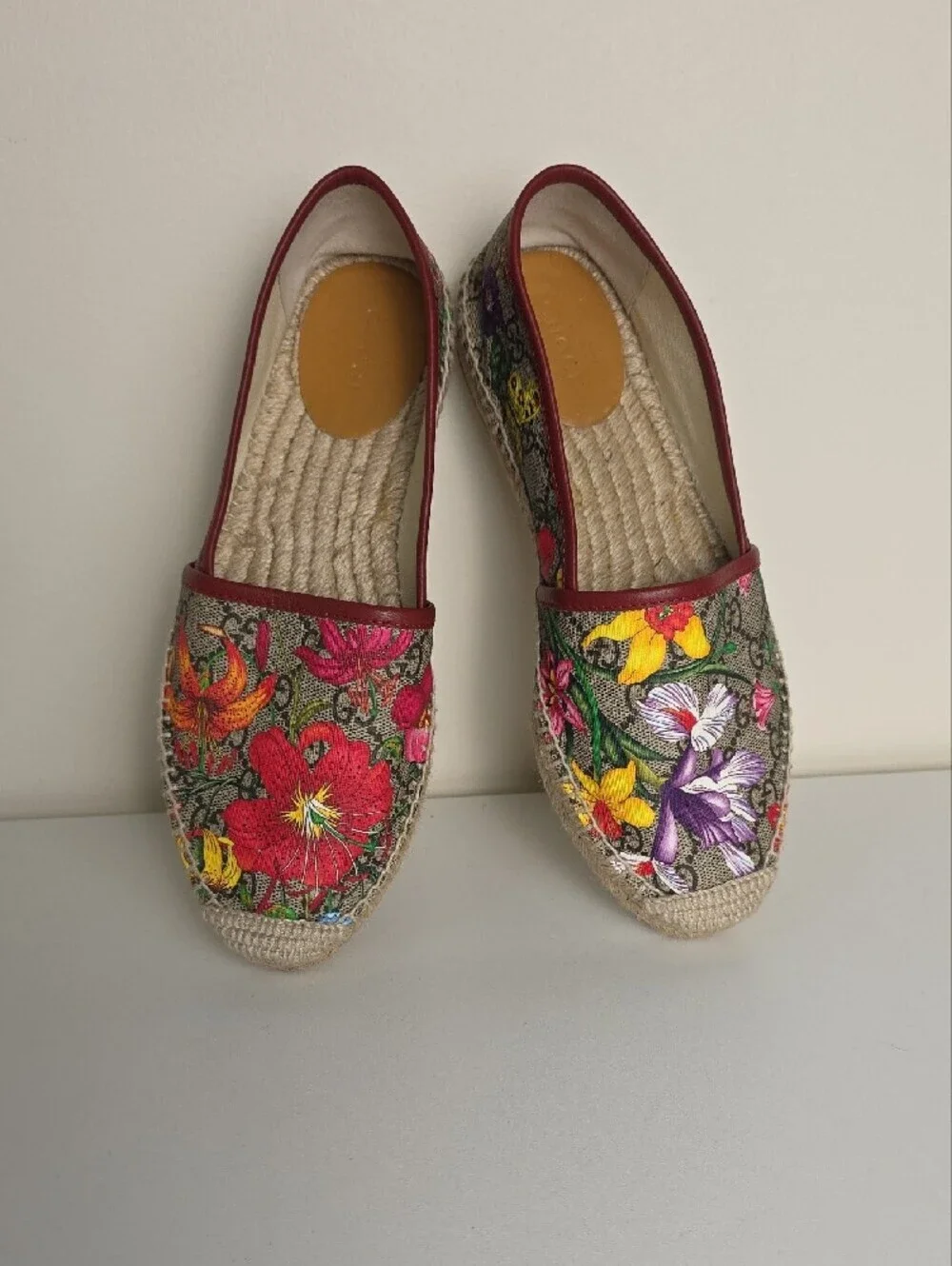 Gucci GG Floral Canvas Espadrilles - Red, Yellow, Purple, Green. Size 37 1/2